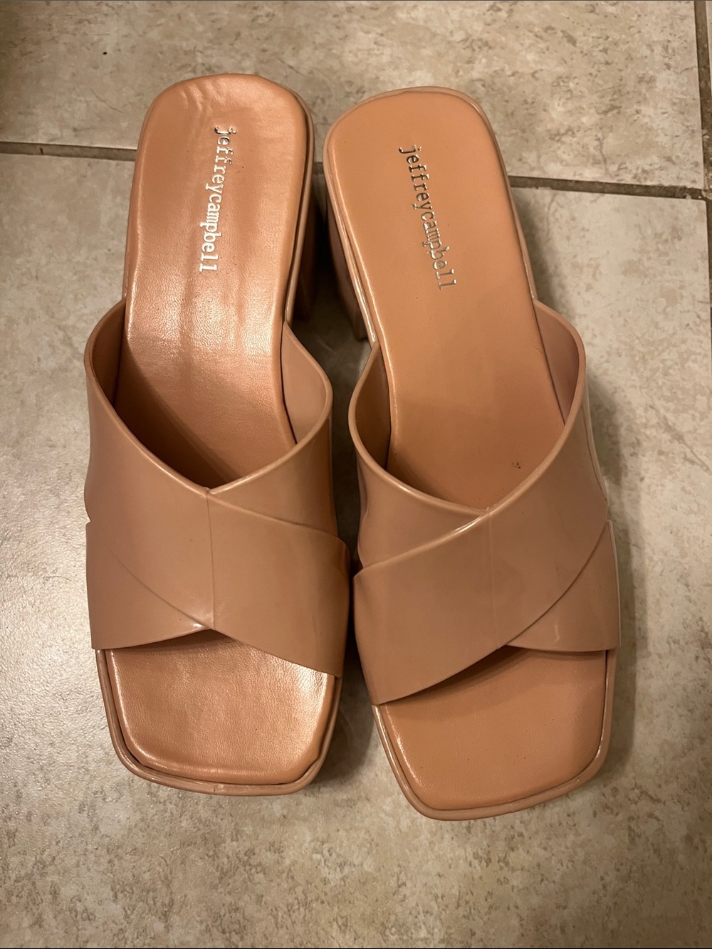 Jeffrey Campbell Nude/Tan Cross-Strap Leather Slide Mules